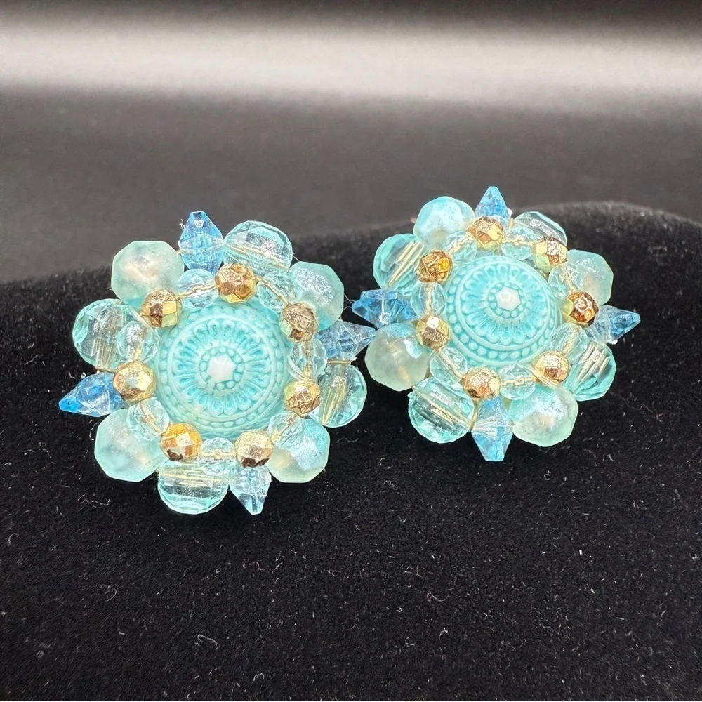 Vintage West Germany Signed 1950s Blue Cluster Earrings - Clip On